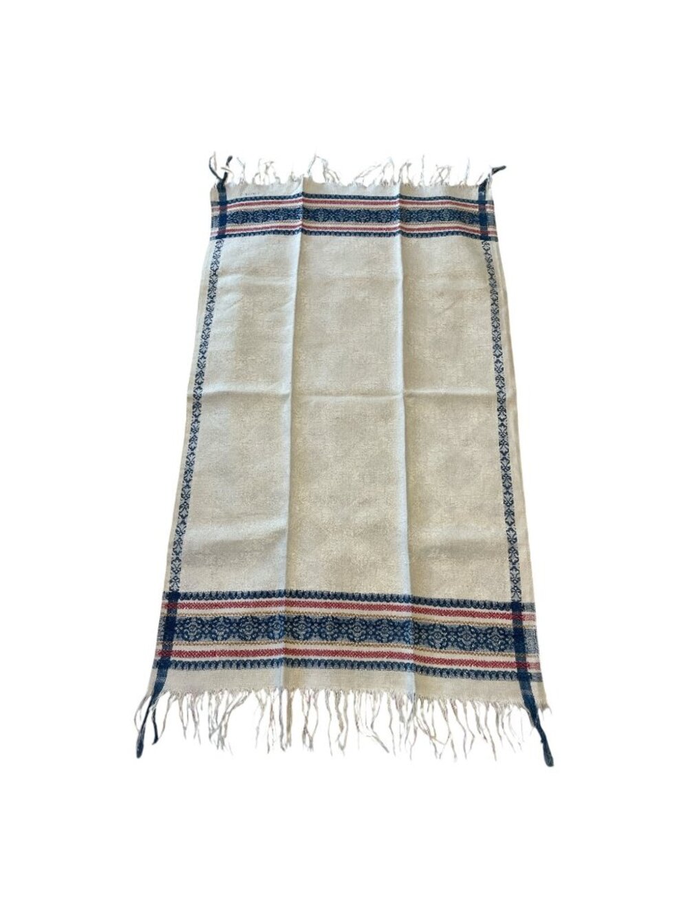 Vintage E Stanly Kitchen Towel 36x20 Woven Cotton Red Blue Cream Fringe Farmhous